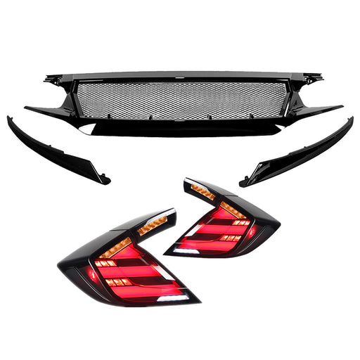 Sports Grille w/ Steel Mesh & LED Sequential Tail Lights For 2017-2021 Honda Civic Hatchback丨American Modified