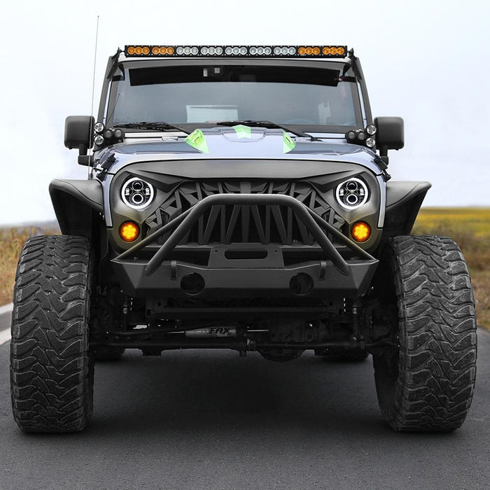 Halo Headlights & Shark Grille & Smoke Turn Signal Lights Combo (07-18 Jeep Wranger JK/ JKU) Headlights Grille Combo AMERICAN MODIFIED 