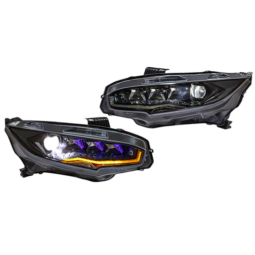 Diamond Lens Rotating LED Headlights WSequential Turn Signal For 2016-2021 10th Gen Honda Civic