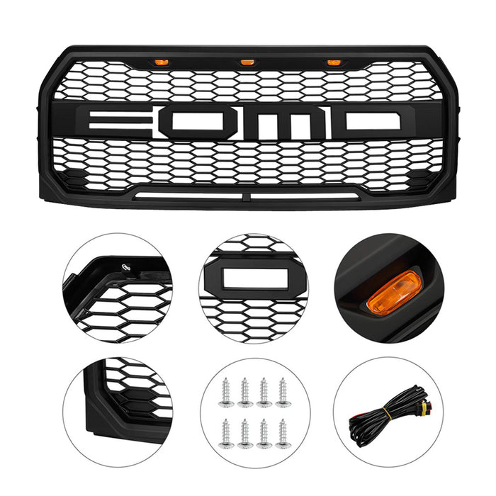 Raptor Style Front Grill Bumper Hood Mesh Grille W/ LED - Matte Black For 2015-2017 Ford F150